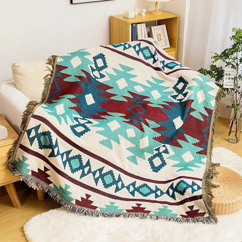 Soyestan Boho Style Decke Tagesdecke Mit Fransen,Doppelseitig Sofa Aztekischer Ethnischer Stil,Multifunktionsdecke,Für Zuhause,Büro,Reisen, Zelten(180 * 230 cm)