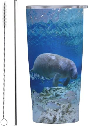 Vasos personalizados, tazas de acero inoxidable personalizadas de 20 onzas, taza de café de viaje aislada con tapa y botella de agua con pajilla, regalo personalizado para familiares y amigos, manatí