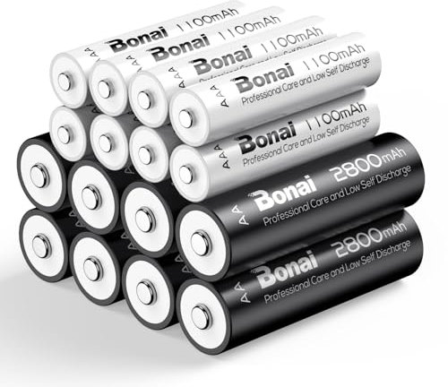 BONAI Batterie Ricaricabili AA AAA Combinate 16PCs, 1,2V Ni-MH Ad Alta Capacità 8 X AA 2800mAh Pile Ricaricabili e 8 X AAA 1100mAh Pile Ricaricabili 1200 Cicli Bassa Autoscarica