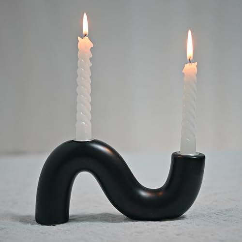 Sveudvdis Kerzenhalter aus Keramik, moderner Kerzenständer für Esstisch, Wohnzimmer, Couchtisch, Kandelaber für 2 Stabkerzen, Schwarz