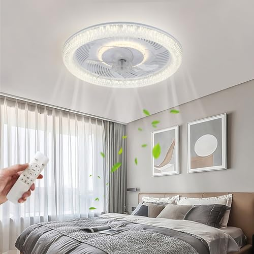 LED Deckenventilator mit Beleuchtung und fernbedienung 6 Geschwindigkeiten | und 3 Farbtemperatur Weiß Rund Kristall Moderner Ventilator Leise mit Licht für Schlafzimmer Zimmer 50CM