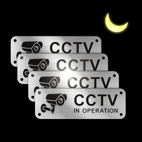Goodvia 4x CCTV In Operation Sign Aluminium Brushed, CCTV Sign Small 15x5cm with Self Adhesive for Outdoor & Indoor Silver