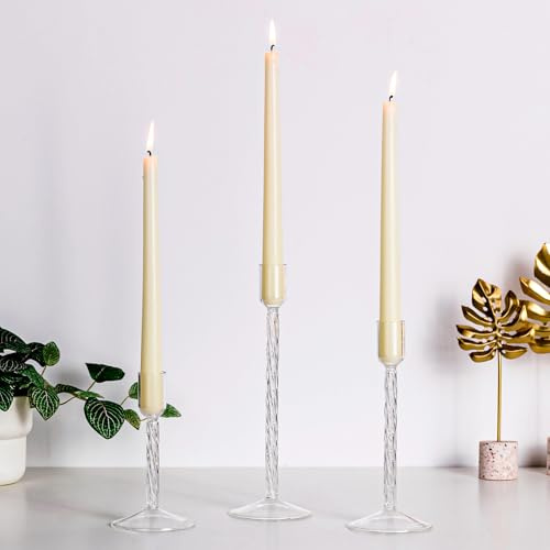 Hewory 3pcs Candle Holders Glass Candlesticks for Dinner Table Decorations | Different Heights, Twisted Stem, Clear Candle Sticks Holder for Taper Candles, Vintage Wedding Centrepieces Party Home Xmas