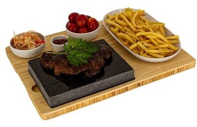 CAWI Lot de 2 planches à steak en pierre de lave - Plateau de service - Planche en bambou avec grill à pierres chaudes - Plaque de cuisson à steak - Plaque en pierre - Barbecue de table