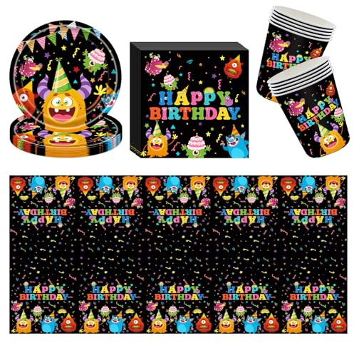 TIVUNORON Monster Geburtstags Geschirr Set, 41 Pcs Monster Kindergeburtstag Partygeschirr, mit Tischdecke Pappteller Becher und Servietten, für 10 Gäste, kinder Papier Geschirr Dekoration Party
