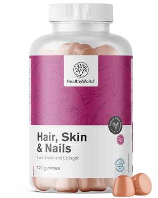 HealthyWorld® Hair, Skin & Nails - Gummis für Haare, Haut und Nägel - 120 Gummibonbons - 2-monatiger Vorrat - Zitrusgeschmack - Mit Vitamin C, Vitamin E, Biotin und Kollagen - Glutenfrei