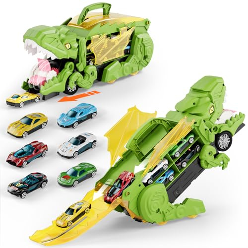 Klsniur Dinosaur Truck Toys for 2 3 4 Year Old Boys, Transport Car with Portable Storage Case with 6 Cars Interactive Play Best Gift for Kids, BPA-Free Plastic Early Learning T-Rex Truck Toys