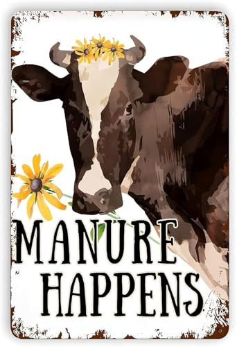 Cow Manure Happens Funny Cow Wall Art Cow With Flowers Art Snarky Cow Manure Happens Retro Tin Sign Metal Plate 6x8 Inch