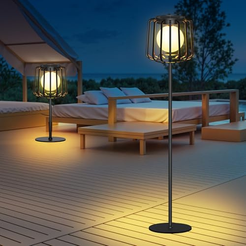 RECHOO Solarlampe für Außen Garten, 2 Stück LED Stehlampe Outdoor Akku mit 3 Farben, Mond Stehleuchte, Metall Solar Stehlampe IP65 Wasserdicht für Garten Terrasse Balkon Innenbereich Außenbereich Deko