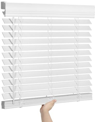 SEEYE 2 Inch Faux Wood Blinds for Indoor Windows with Crown Valance, Cordless Room Darkening Window Blind, 26 W x 36 H, Horizontal Wooden Shades for Bedroom, Kitchen, Office, Doors, White
