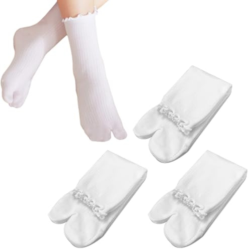 SUNTRADE 3 Pairs Tabi Split Toe Japanese Socks Frilly Cotton Tabi Sandal Socks for Women (US, Alpha, One Size, Regular, Regular, White)
