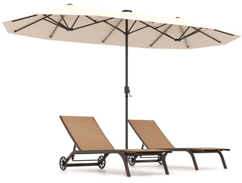 COSTWAY 3.8m/4.5m Double-Sided Parasol, 12 Heavy-Duty Ribs Extra Large Sun Umbrella with 108/48 LED Lights & Crank Handle, Outdoor Twin Market Sunshade Shelter Canopy (Beige+Black, 380 x 200 x 222cm)