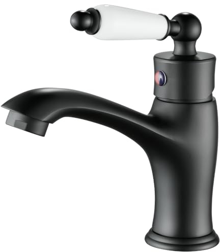 Retro Bathroom Basin Mixer Tap, Victorian Basin Mixer, Solid Brass, Black | Traditional Mono Sink Tap, Single Lever, Retro Ceramic Handle Faucet for Cloakroom, Flexible Tails