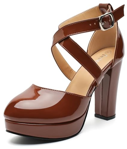 fereshte Women's Platform Pumps, Crisscross Ankle Strap, Chunky Block Heel, Closed Toe, 3.94 Inch High Heeled Dress Shoes Brown Patent 39 - US 8