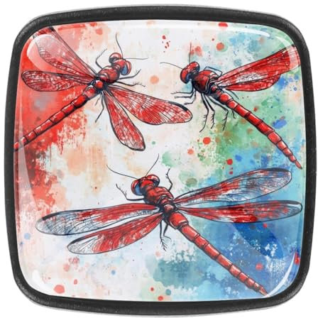 4 Pack 1.18 Dresser Drawer Knobs, Square Crystal Glass Cabinet Pulls with Screws for Kitchen, Bathroom, Nursery Nursery Kids Room (Red Dragonfly with Red Blue and Green Watercolor Paint)