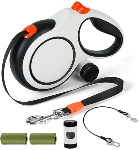 ODRIEW Upgraded Retractable Dog Leash with Chew Proof Cable, 26ft Heavy Duty Dog Leash for Large Dogs up to 110lbs, No-Tangle, Non-Slip Handle, One-Handed Brake, with Poop Bag Holder (White, L 26Ft)