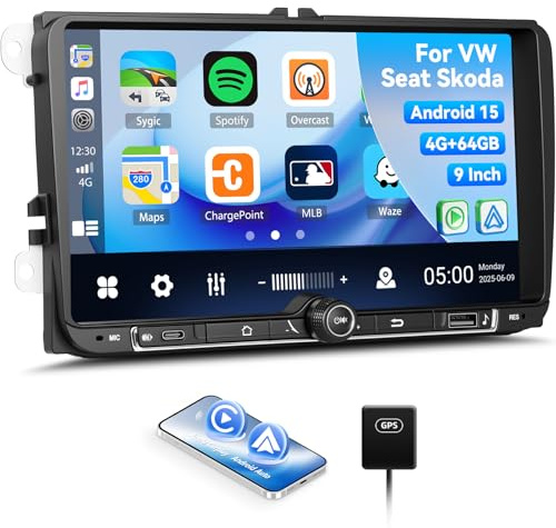 SIXWIN Android 15 4+64 Go Autoradio pour VW Golf 5 6 Polo Passat Tiguan Touran, 9 Pouces Écran HD, VW Radio Voiture avec Carplay & Android Auto, Mirror Link, GPS, WiFi, Bluetooth 5.0, FM/RDS, 32EQ