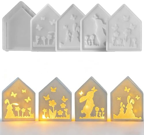5 Silikonform Haus Teelicht, FORMVERSITY Ostern Kaninchen Silikonform, Hasen silikonformen Gießformen Ostern, silikonformen Gießformen Ostern