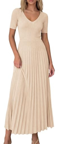 PRETTYGARDEN Women's 2026 Spring Midi Sweater Dresses Elegant Pleated Ribbed Knit Short Sleeve V Neck A Line Summer Outfits (Beige,Medium)