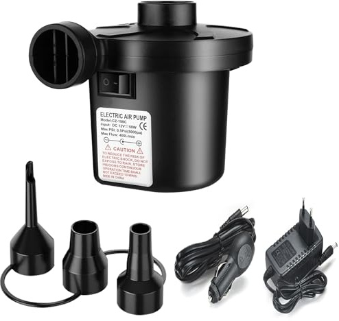 GothicBride Elektrisk luftpump, 2 i 1 bärbar elektrisk luftpump med 3 munstycken, 240V AC / 12V DC, uppblåsning och tömning för simring, uppblåsbara kuddar, soffor (2 i 1-pump)
