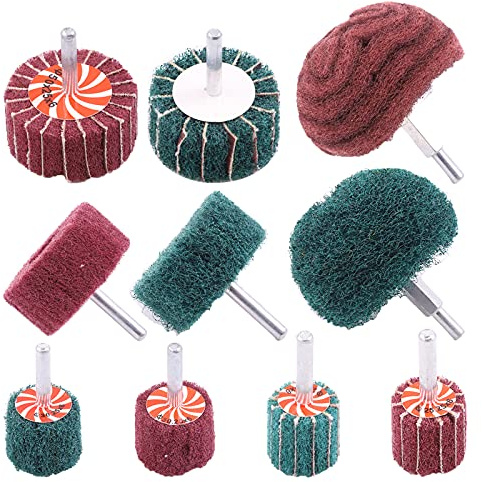 Glarks Lot de 10 tampons abrasifs non tissés pour perceuse à roue, tampons à récurer rouges et verts, kit de nettoyage avec tige de 6,35 mm pour polissage, récurer et nettoyer la surface