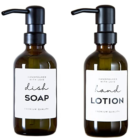 2 Pack Amber Glass Jar Soap Dispenser with Rustproof Pump, Prefdo 9Oz Boston Round Bottles with 12 PCS Waterproof Labels, for Bathroom Bedroom