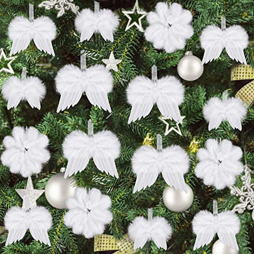 Esvitto Christmas Tree Decorations, 16 Pcs Personalised White Angel Feather Wings Hanging Christmas Ornaments Set for Xmas Wedding Festival Home Party Event
