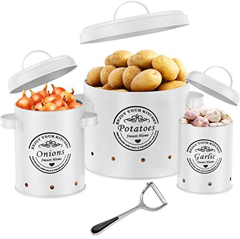 rokrist Set di 3 Porta Patate Cucina, Contenitore Patate e Cipolle e Aglio con Coperchio e Fori di Ventilazione, Contenitori Salvaspazio Cucina Design Retrò con Pelapatate (Bianco)