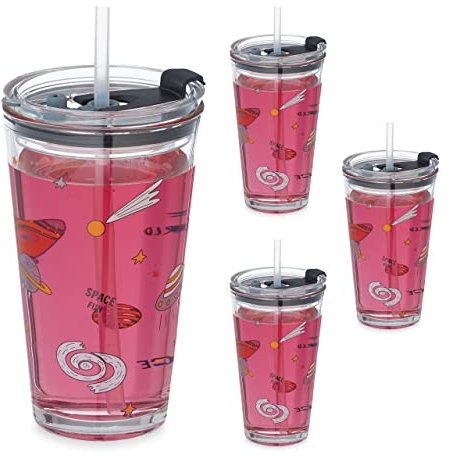 Relaxdays Kindergläser 4er Set, Weltraum-Motiv, Trinkglas für Kinder, Deckel & Strohhalm, Volumen 450 ml, transparent