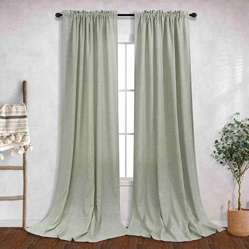 Mrs.Naturall Light Sage Green Linen Curtains 102 Inches Long for Living Room 2 Panels Rod Pocket Boho Bedroom Drape Light Filtering Semi Sheer Pale Green Curtain for Patio Door Farmhouse 52x102 Length