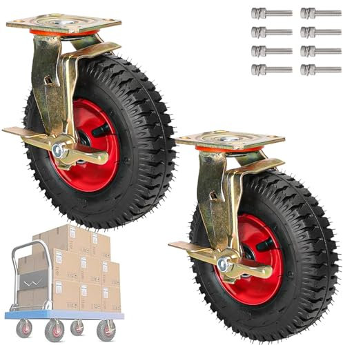 WORDFUN Luftreifen Gummi Rollen, Strapazierfähige Lenkrollen, Möbel Industrierollen, 360 Grad Drehbar, Schwarz-rot, Gewinde M10, for Trolleys, Möbelroller Transportroller, Werkbank Rollen
