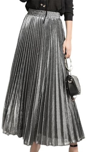 Falda de fiesta metálica para mujer, elástica, cintura alta, brillante, brillante, falda midi de acordeón, falda larga plisada acampanada, plata, L