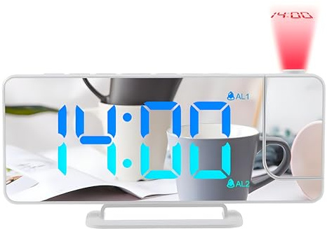 Lancoon Reloj Despertador de proyección, Reloj Digital LED de Colores con Superficie de Espejo Brillo Ajustable 12/24H Pantalla Doble Alarma Snooze Puerto de Carga USB para el hogar Oficina