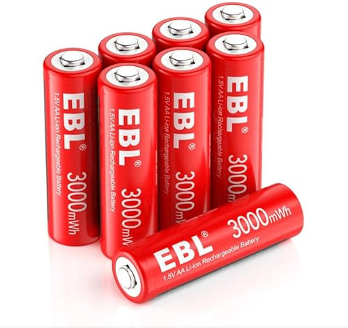 EBL 8PCS AA Piles Rechargeables au Li-ION, 1.5V 3000mWh Piles AA Piles Rechargeables Tension Constante et Fortes, Piles AA Plus Durables