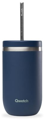 QWETCH – Vaso Térmico Cold Cup 470ml con Pajita Inox Azul Noche – 24h Bebidas Heladas – Acero Inox Reciclado – Antisalpicaduras – Ideal para Café Frío, Bubble Tea y Agua Saborizada