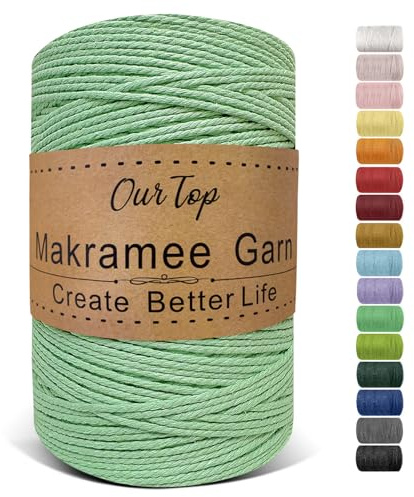 OurTop Premium makramégarn ljusgrönt, 2 mm x 500 m, makramérep, garn för gör-det-själv-hantverk, vävning, dekoration, hängande växt växt hängare