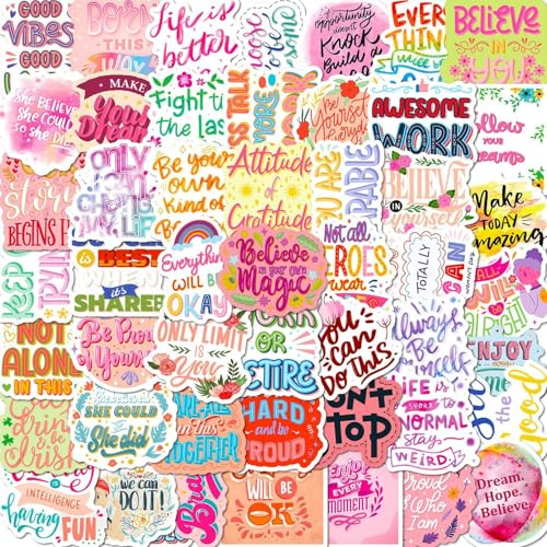 50 Inspirational Quote Stickers - Waterproof Vinyl Positive Affirmation Phrase Stickers for Laptop, Planner, Scrapbook, Journal, Skateboard, Suitcase, Phone, Bike