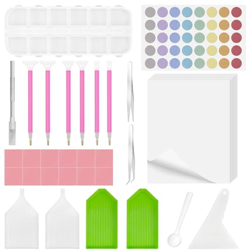Prebarfun 28 Piezas Diamond Painting Accesorios, Kit Diamond Painting con 10 Papel de Liberación, 12 Cajas Almacenamiento Malla, 6 Pincel Diamante, Herramientas para Pintura de Diamante