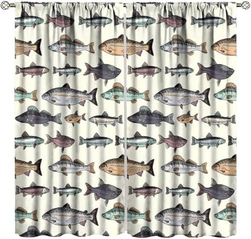 Vorhang Blickdicht Gardinen Mit Ösen - 2 Stücke 140X160 cm (B + H) Verdunklungsvorhänge 3D Tiere Fische Muster Thermovorhang Für Kinderzimmer Wohnzimmer Schlafzimmer Weihnachtsgardinen-984894745