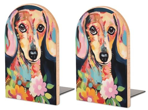 2 Stück Buchstützen aus Holz, Buchstützen mit Dackelmotiv für Regale, rutschfeste Buchstützen für Büro, Zuhause und Küche, Buchstützen zum Aufbewahren von Büchern, 12,7 x 7,6 cm