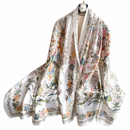 WaJuemy Large Mulberry Silk Feeling Scarf Long Stain Lightweight Scarf Wraps Fashion Designer Scarves Shawls Wraps for Women (01B White Bloom)