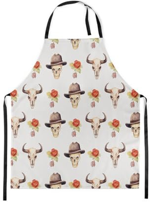 Loussiesd Schädel Hut Schürze für Frauen Männer Bull Schädel Kochschürze mit verstellbarem Hals Jugend Rose Floral Rot Blume, Weiß Rot Wasserdicht Küchenschürze