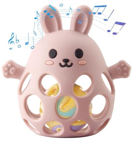 Arudyo Beißring Baby Beißspielzeug Zahnungshilfe aus Silikon Beißring Hase mit Glocke Zahnen Spielzeug & Greifring für Babys (Rosa)