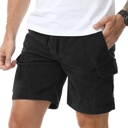 Suwangi manchestershorts för män, korta byxor, cargobyxor, bermudashorts, sommar, elastisk dragsko med flera fickor, svart, XL
