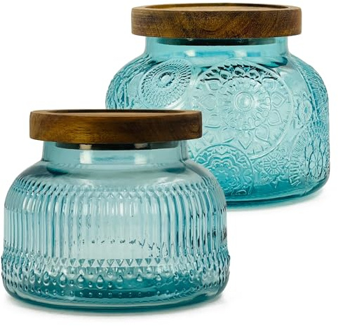 Barattolo decorativo in vetro blu con coperchio ermetico in legno, 750 ml, 2 pezzi, a bocca larga, stile vintage, per biscotti, caramelle, miele, farina, spezie, caffè, tè, decorazione per la casa