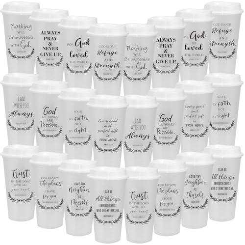 Lot de 24 tasses en plastique avec verset de la Bible - 470 ml - Cadeau chrétien - Tasses à café avec couvercles - Cadeau religieux - Idéal pour la maison et le bureau - Noir et blanc
