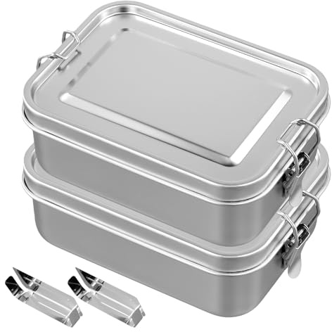 2 Stück Edelstahl Brotdose mit Trennwand, 850ml Lunchbox Metall Bento Box | SINJEUN Bento-Box mit Fächern für Büro zuhause