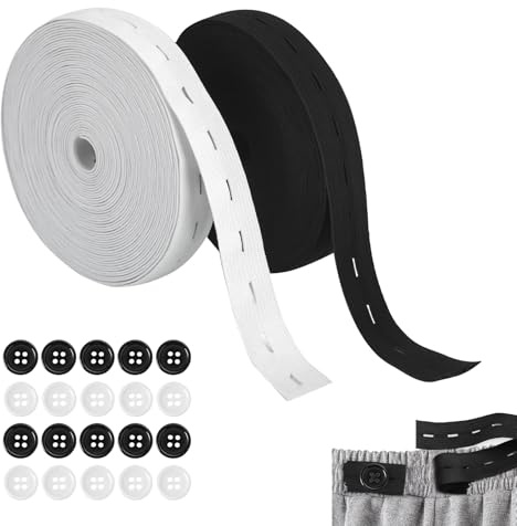 2 st elastisk knappslå 8 m, 15 mm, elastiska klädsömmar, elastiska band med breda knappar, med förinstallerade öglor och 20 hartsknappar (svartvit), perfekt för att justera storleken