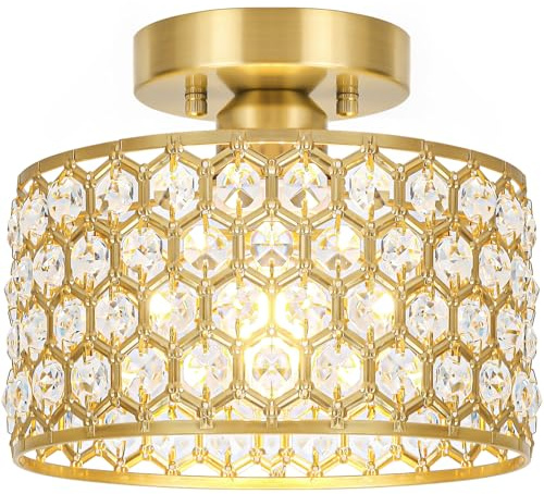 Lxybcce Gold Crystal Ceiling Light Fixture - Modern Semi Flush Mount Ceiling Chandelier Lighting for Hallway, Kitchen & Foyer | Dazzling Prism Chandelier with Easy Installation,1 Light, 8.8 in