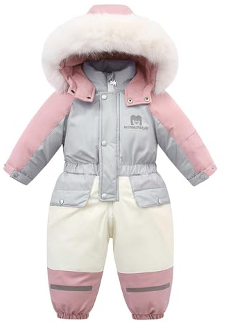 JiAmy Tuta da neve per bambini, tuta da sci per ragazzi e ragazze, tuta invernale per bambini piccoli e neonati con cappuccio foderata in pile per 1-6 anni, rosa/bianco, 1-2 Jahre